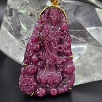 Tượng mẹ Quán Thế Âm Bồ Tát đứng trên đài sen đá Ruby đỏ huyết thiên nhiên (VIP) đã kiểm định - TRB1040