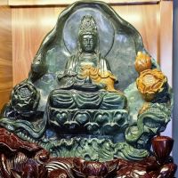 Tượng mẹ Quán Thế Âm Bồ Tát ngồi đài sen đá Canxedon xanh lục - TCXD1233
